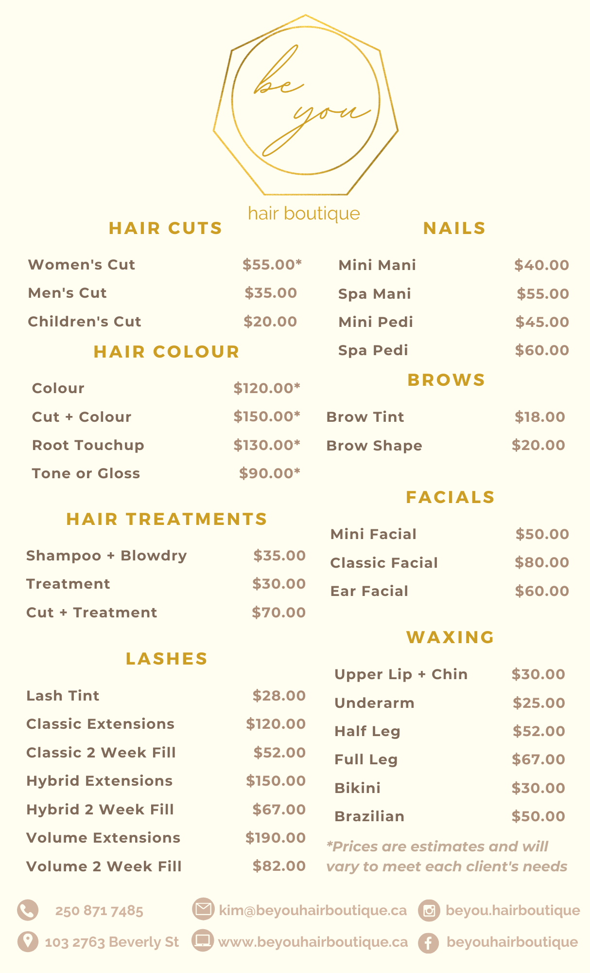 Our pricelist. Prices for our hair cuts, colours, treatments, lash extensions, nails, and waxing services.